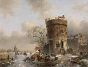 Paesaggio invernale con figure su un fiume ghiacciato vicino a una torre da Charles Henri Joseph Leickert